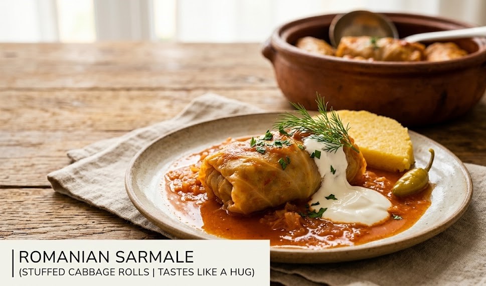 A bubbling Dutch oven filled with golden-brown Romanian cabbage rolls topped with crispy smoked bacon slices.