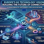 A futuristic visualization of a hyper-connected European city showing integrated 6G signals, satellite links, and AI-driven autonomous transport.