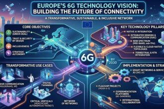 A futuristic visualization of a hyper-connected European city showing integrated 6G signals, satellite links, and AI-driven autonomous transport.