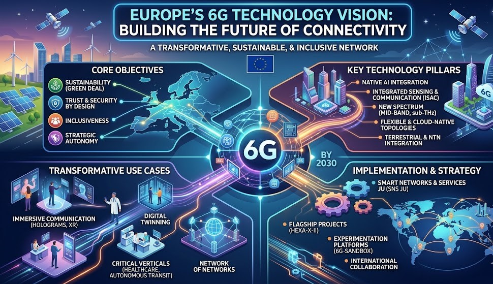 A futuristic visualization of a hyper-connected European city showing integrated 6G signals, satellite links, and AI-driven autonomous transport.