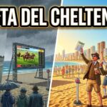 A group of British racing fans cheering in a Benidorm bar while watching a horse race on a large screen.