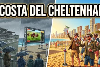 A group of British racing fans cheering in a Benidorm bar while watching a horse race on a large screen.