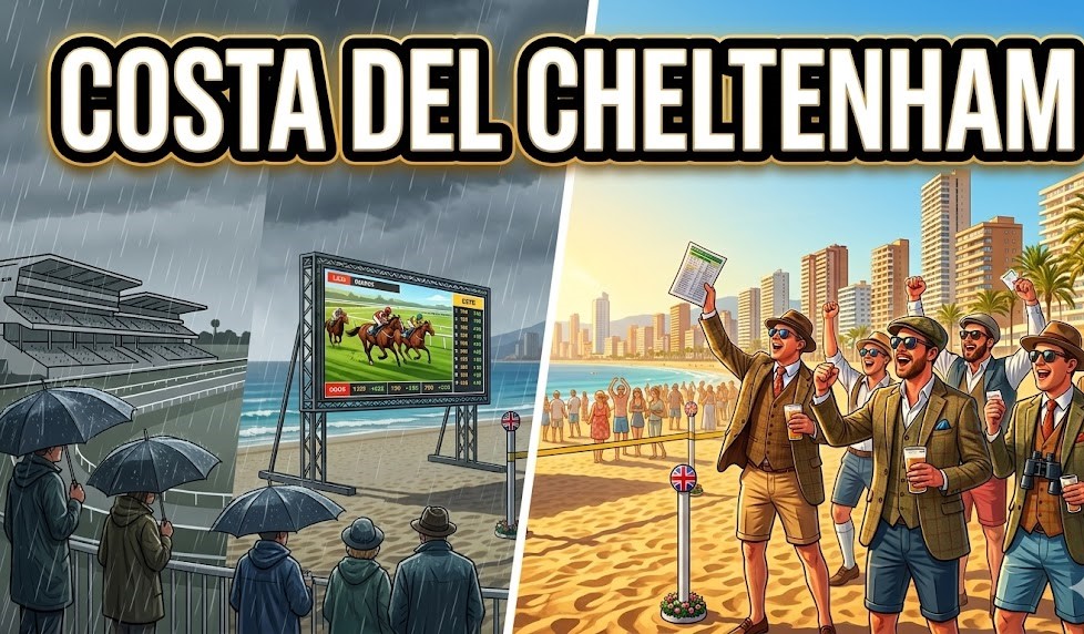 A group of British racing fans cheering in a Benidorm bar while watching a horse race on a large screen.