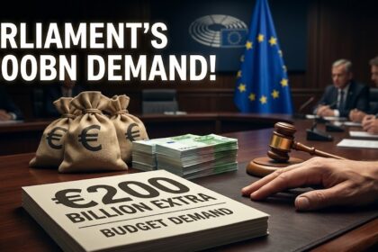 A high-resolution image of the European Parliament plenary in Brussels during the historic April 2026 vote on the long-term EU budget.