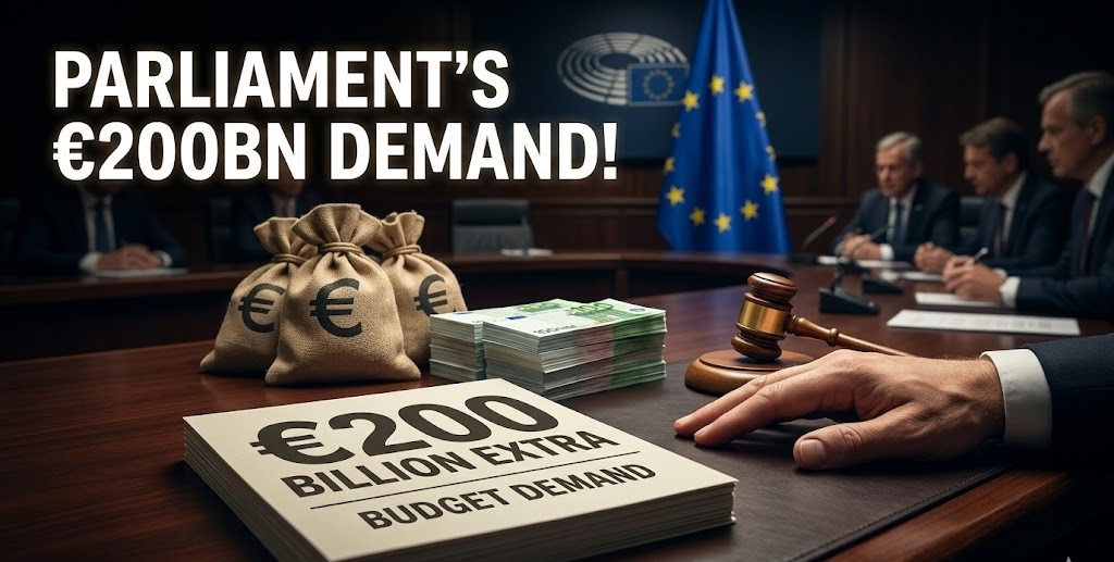 A high-resolution image of the European Parliament plenary in Brussels during the historic April 2026 vote on the long-term EU budget.