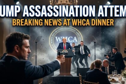 A digital graphic showing law enforcement responding at the Washington Hilton during the 2026 White House Correspondents' Dinner security breach.