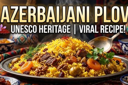 A steaming pot of Azerbaijani Plov with visible golden raisins, apricots, and tender pieces of lamb.