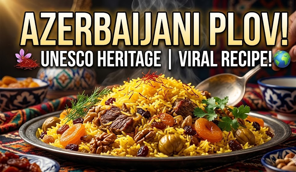 A steaming pot of Azerbaijani Plov with visible golden raisins, apricots, and tender pieces of lamb.