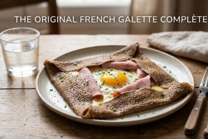 A perfectly folded, golden-brown French Galette Complète revealing melted Emmental cheese, sliced ham, and a sunny-side-up egg in the center, garnished with chives.
