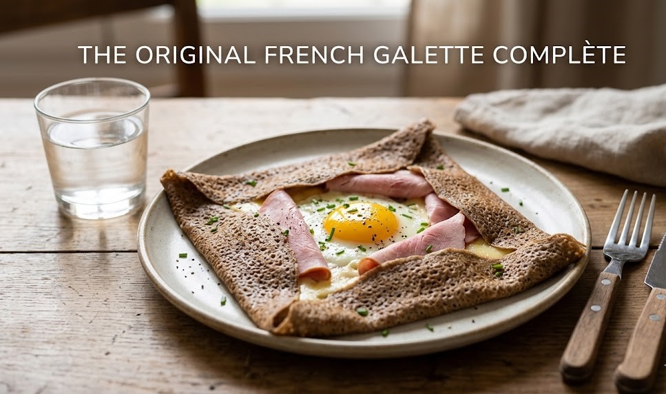 A perfectly folded, golden-brown French Galette Complète revealing melted Emmental cheese, sliced ham, and a sunny-side-up egg in the center, garnished with chives.