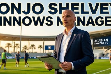 Jonjo Shelvey posing in his Arabian Falcons FC gear on a football pitch in Dubai.