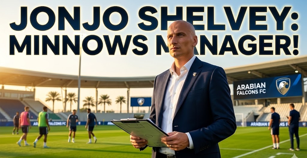 Jonjo Shelvey posing in his Arabian Falcons FC gear on a football pitch in Dubai.