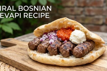 A plate of grilled, finger-sized Cevapi sausages served with flatbread, ajvar, and minced onions.