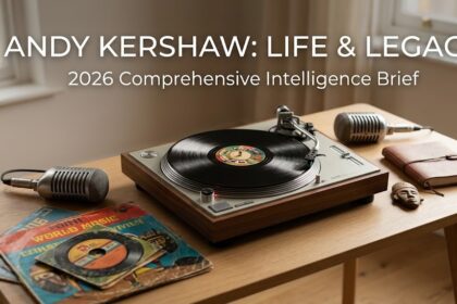 A classic photo of Andy Kershaw with a row of vinyl records, representing his lifelong dedication to eclectic and world music.