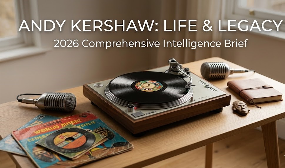 A classic photo of Andy Kershaw with a row of vinyl records, representing his lifelong dedication to eclectic and world music.