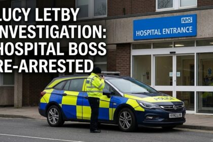 A somber exterior photograph of the Countess of Chester Hospital entrance, overlaid with official police tape and the text "Operation Duet: Administrative Accountability."