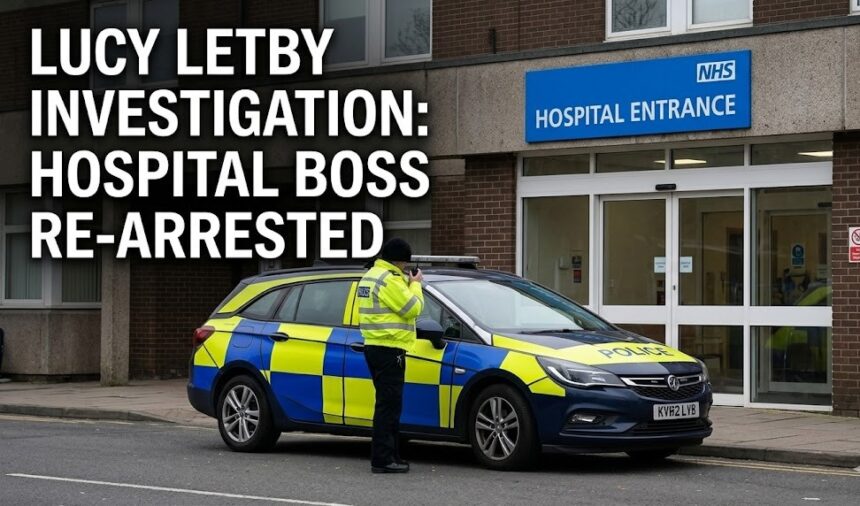 A somber exterior photograph of the Countess of Chester Hospital entrance, overlaid with official police tape and the text "Operation Duet: Administrative Accountability."