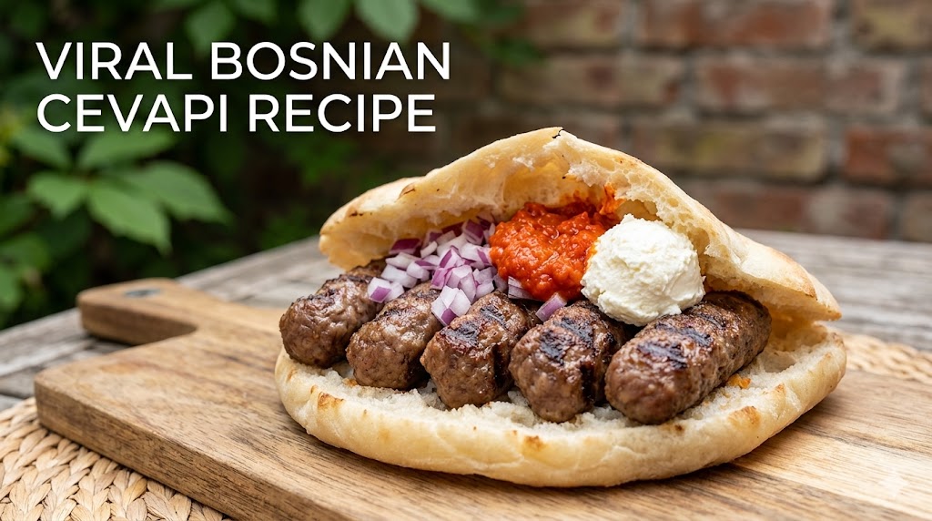 A plate of grilled, finger-sized Cevapi sausages served with flatbread, ajvar, and minced onions.