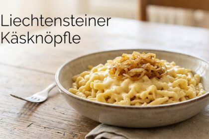 A rustic casserole dish filled with bubbly, cheesy Käsknöpfle topped with rich, dark caramelized onions.