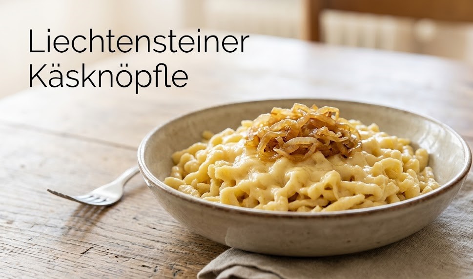 A rustic casserole dish filled with bubbly, cheesy Käsknöpfle topped with rich, dark caramelized onions.