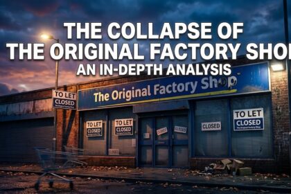 A closed shutter on a deserted high street storefront with a bright red "Store Closing" sign taped to the glass window.