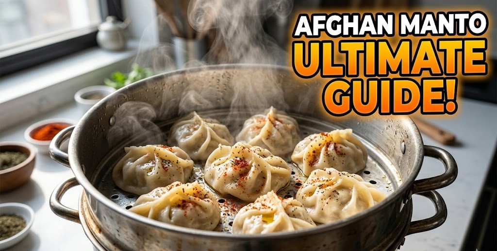 Traditional Afghan Mantu dumplings layered with yogurt and tomato-lentil sauce on a serving platter.