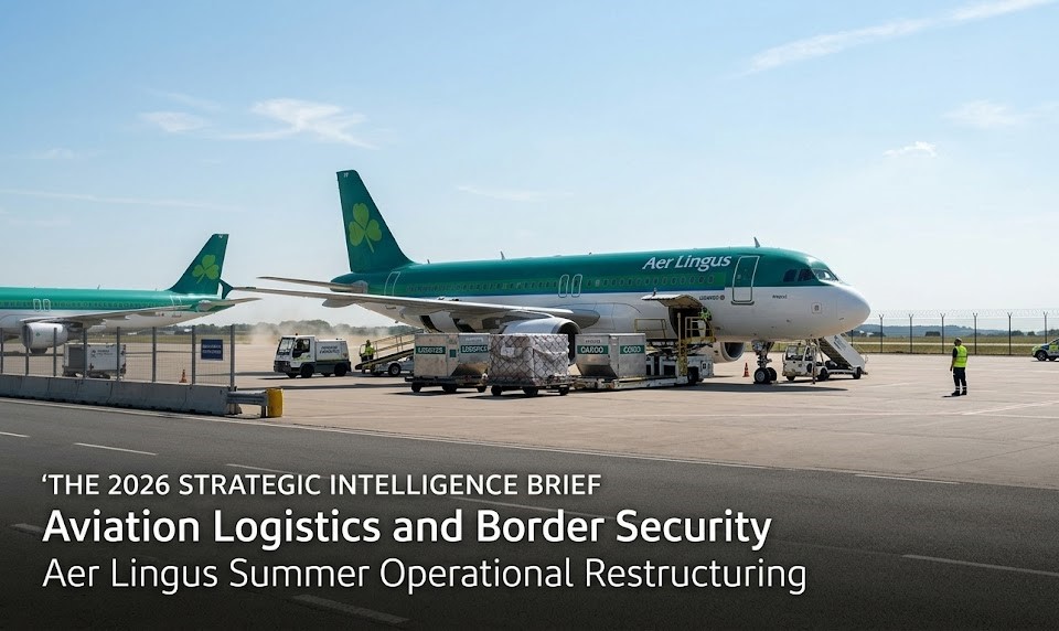 A digital flight telemetry map showing grounded Aer Lingus aircraft at Dublin Airport, overlaid with a graphic of an Irish passport and a UK passport.