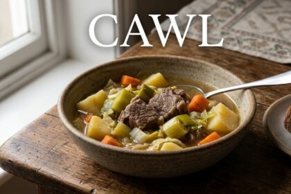 A steaming wooden bowl of traditional Welsh lamb cawl served with leeks, root vegetables, and a side of Welsh cheese.