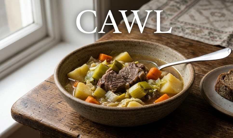 A steaming wooden bowl of traditional Welsh lamb cawl served with leeks, root vegetables, and a side of Welsh cheese.