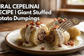 Two large Lithuanian Cepelinai dumplings covered in sour cream and fried bacon bits on a plate.