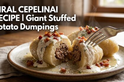 Two large Lithuanian Cepelinai dumplings covered in sour cream and fried bacon bits on a plate.