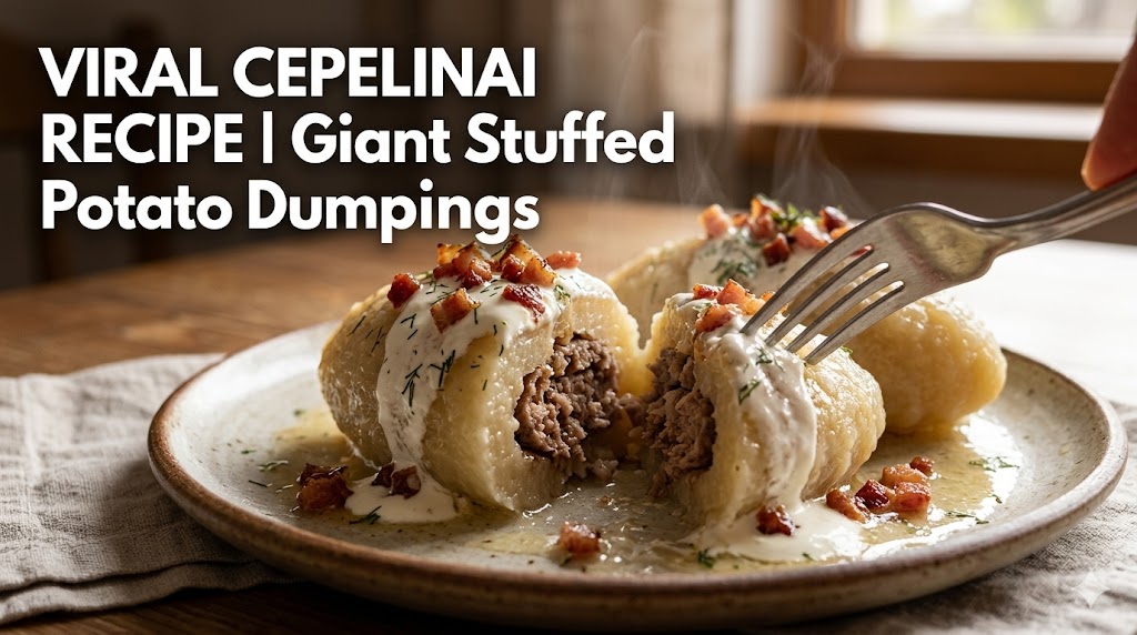 Two large Lithuanian Cepelinai dumplings covered in sour cream and fried bacon bits on a plate.