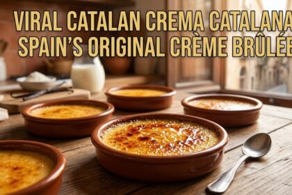 A close-up of Crema Catalana in a ceramic ramekin with a perfectly caramelized, burnt-sugar crust and a cinnamon stick garnish.