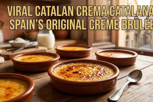 A close-up of Crema Catalana in a ceramic ramekin with a perfectly caramelized, burnt-sugar crust and a cinnamon stick garnish.