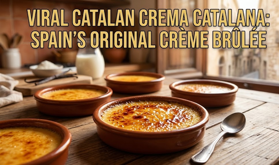 A close-up of Crema Catalana in a ceramic ramekin with a perfectly caramelized, burnt-sugar crust and a cinnamon stick garnish.