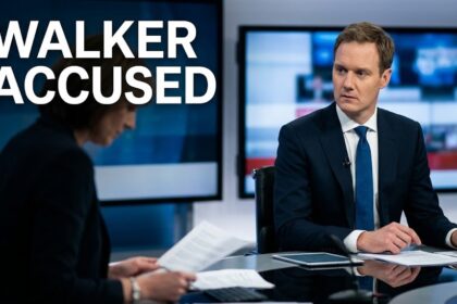 Dan Walker and Claudia-Liza Vanderpuije presenting together on the set of Channel 5 News.