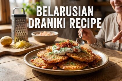 A stack of golden-brown, crispy Belarusian potato pancakes served with a side of sour cream and fresh herbs.