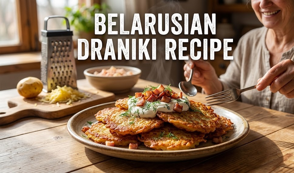 A stack of golden-brown, crispy Belarusian potato pancakes served with a side of sour cream and fresh herbs.