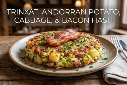 A golden-brown individual serving of Trinxat hash topped with crispy bacon bits and fresh parsley