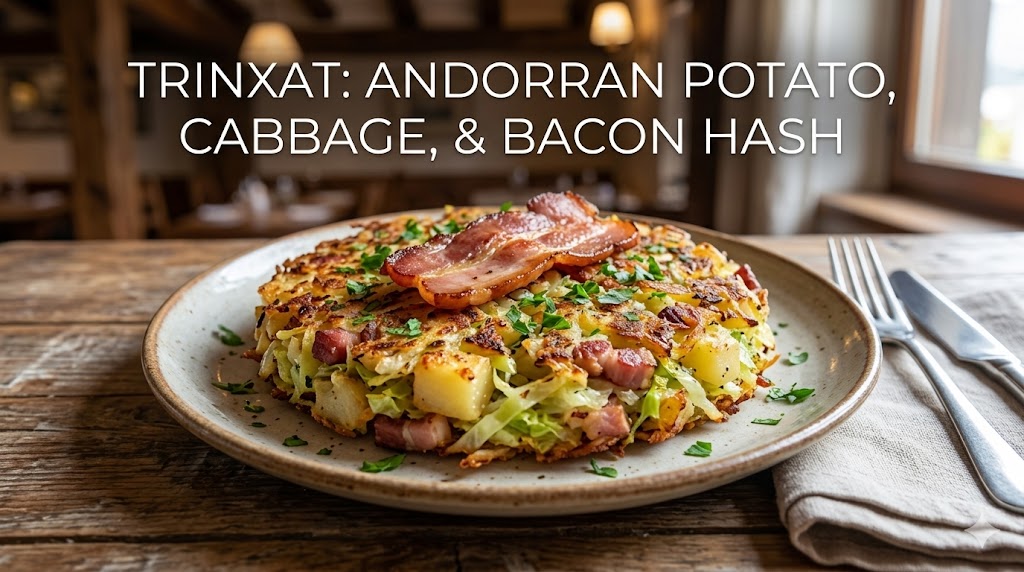 A golden-brown individual serving of Trinxat hash topped with crispy bacon bits and fresh parsley