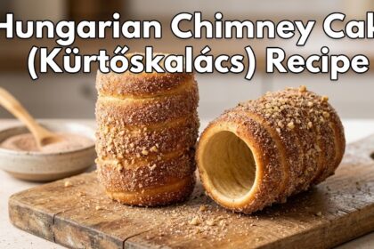 Freshly baked golden-brown Hungarian Chimney Cakes coated in cinnamon sugar and crushed walnuts, resting on a rustic wooden table.