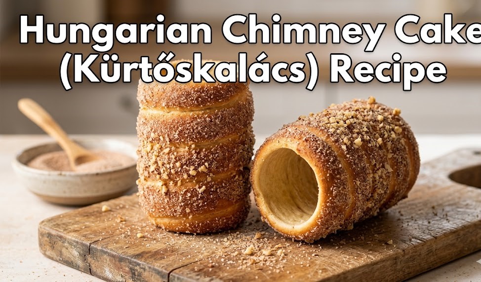 Freshly baked golden-brown Hungarian Chimney Cakes coated in cinnamon sugar and crushed walnuts, resting on a rustic wooden table.