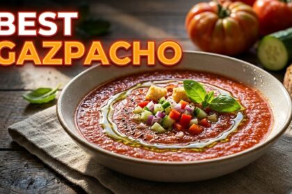 A vibrant red bowl of chilled gazpacho soup topped with golden fried halloumi cubes, olive oil, and fresh chives.