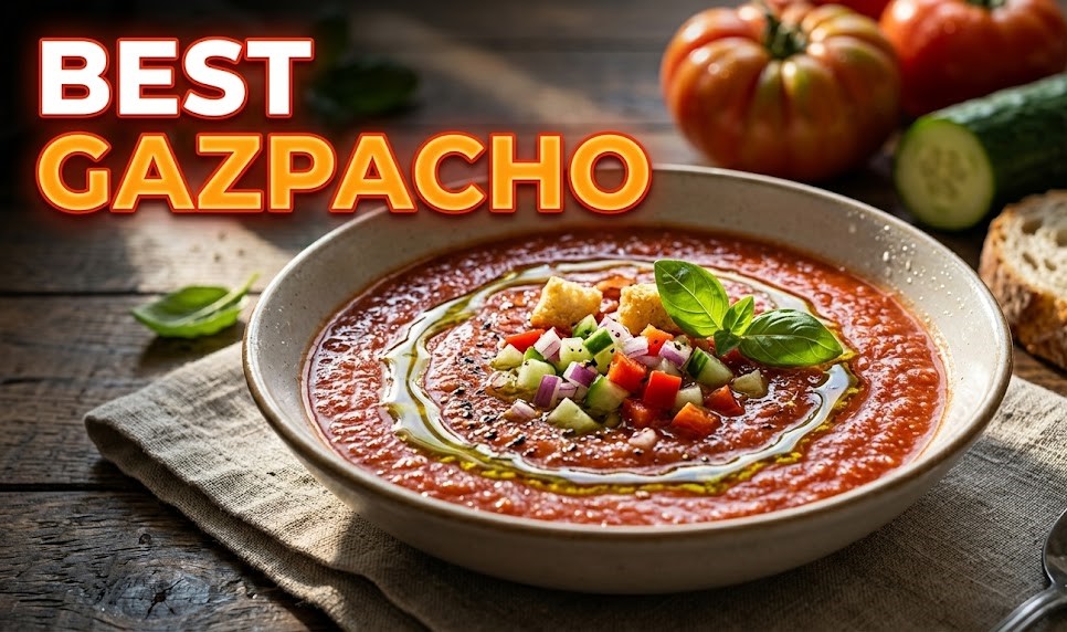 A vibrant red bowl of chilled gazpacho soup topped with golden fried halloumi cubes, olive oil, and fresh chives.