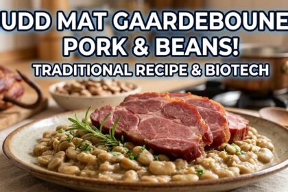A cross-sectional biological diagram showing the osmotic diffusion of sodium ions out of a smoked pork collar, juxtaposed with a bowl of prepared broad beans and cream.
