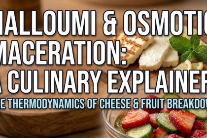 A microscopic diagram showing the intact calcium-casein protein matrix of Halloumi cheese next to an osmotic pressure equation.