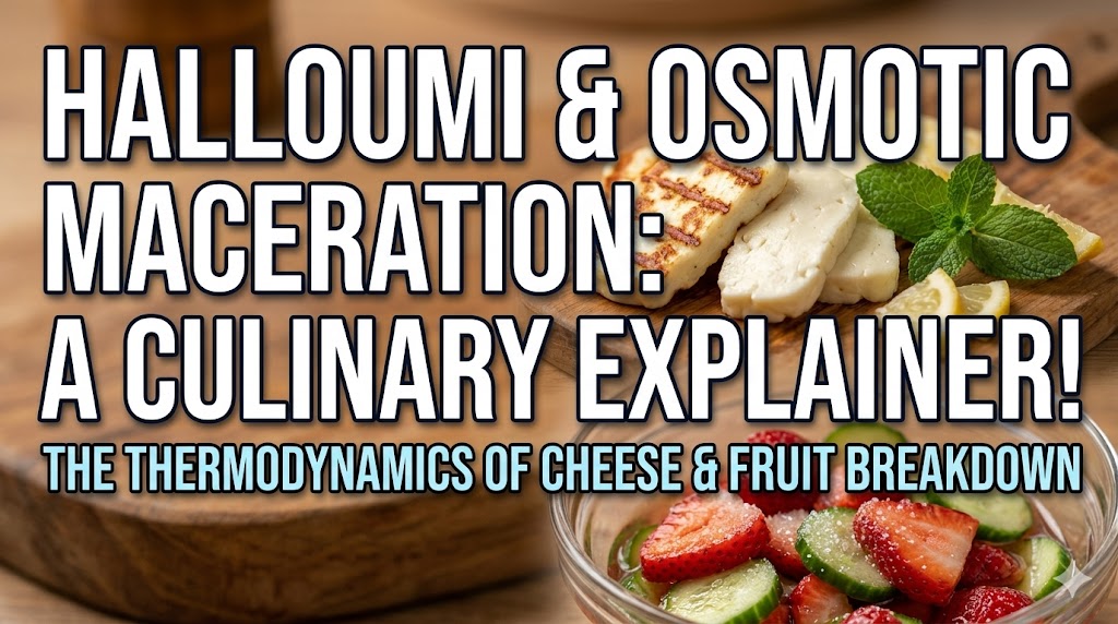 A microscopic diagram showing the intact calcium-casein protein matrix of Halloumi cheese next to an osmotic pressure equation.