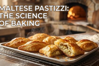 A cross-section of a golden, flaky Maltese Pastizzi, revealing layers of steam-expanded puff pastry and a rich curried split pea filling.