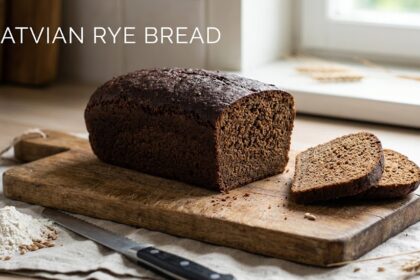 A dense, dark brown loaf of traditional Latvian Rupjmaize resting on a wooden cutting board, sliced to reveal a tight, moist rye crumb speckled with caraway seeds.