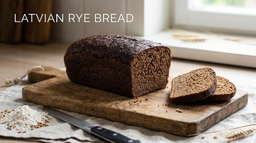 A dense, dark brown loaf of traditional Latvian Rupjmaize resting on a wooden cutting board, sliced to reveal a tight, moist rye crumb speckled with caraway seeds.
